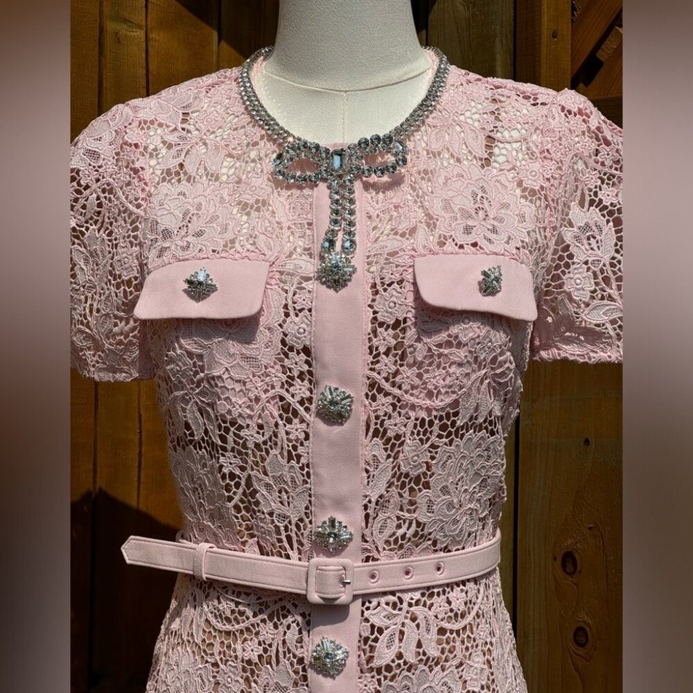 🆕 SELF-PORTRAIT 🧿 BNWOT Pink Lace Diamante Bow Midi Dress, Sz US 4 / UK 8 - Picture 12 of 16